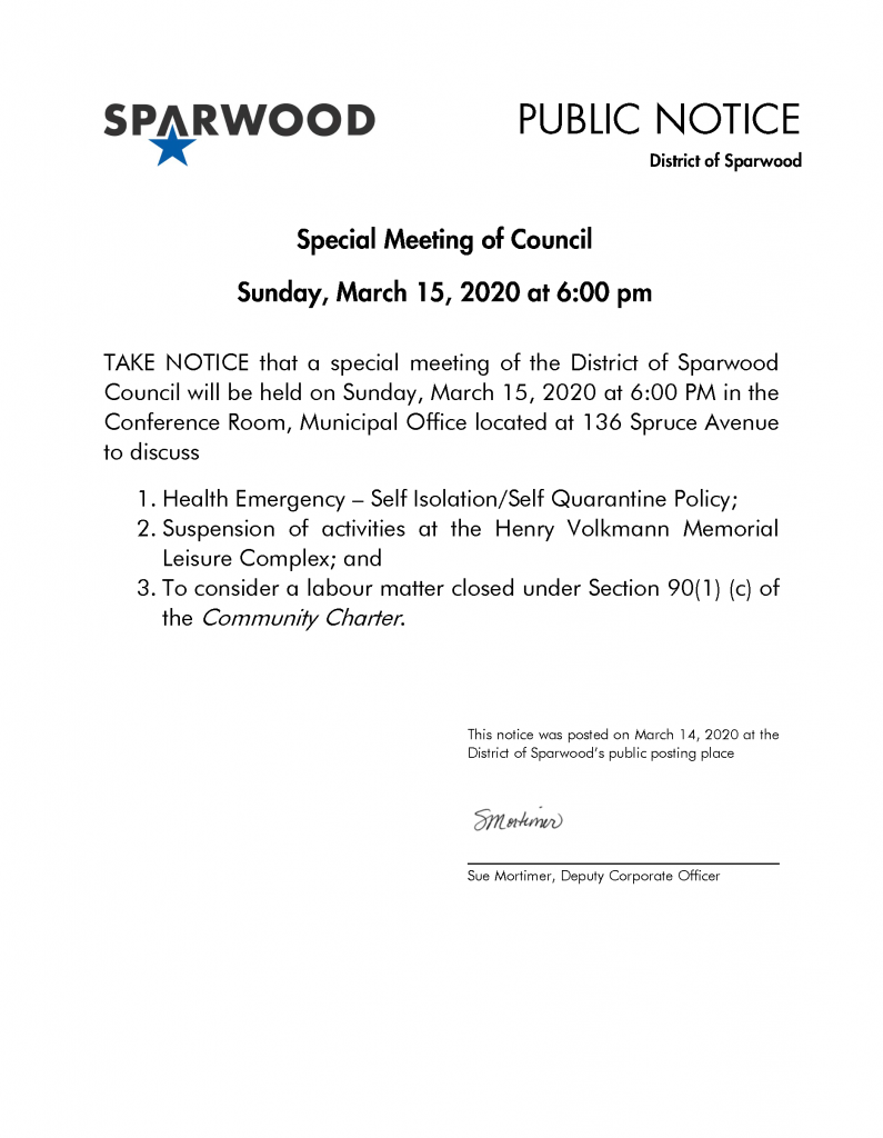 Public Notice – Special Meeting of Council : District of Sparwood