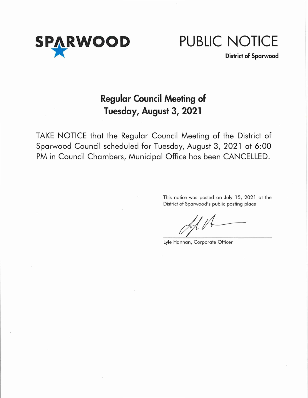 Public Notice, Council Meeting Cancellation District of Sparwood